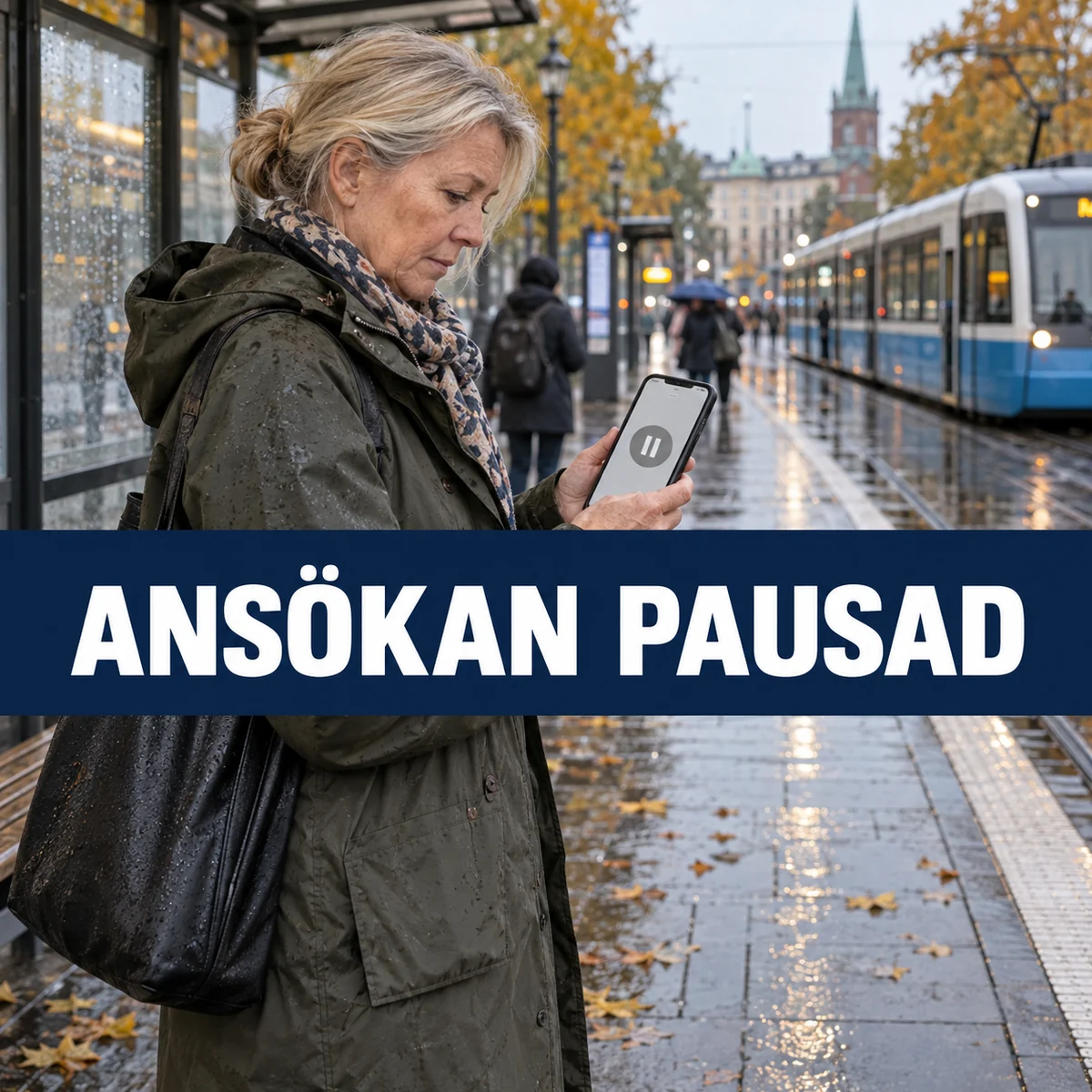 En kvinna vid en svensk spårvagnshållplats ser en pausad ansökan i mobilen, med texten Ansökan pausad