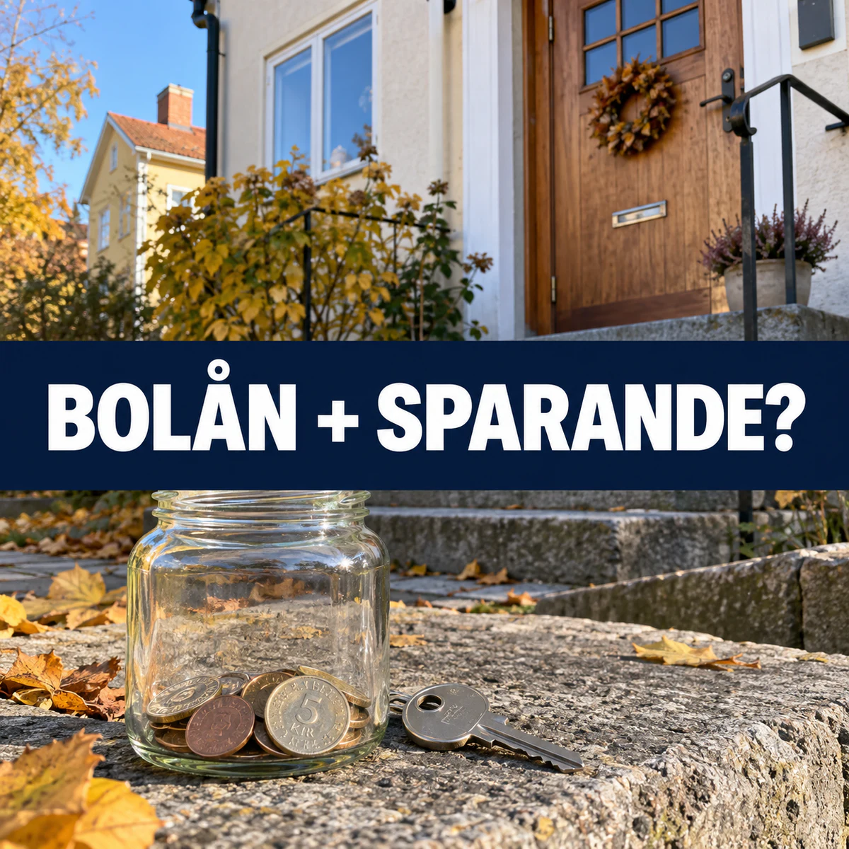 Svenskt radhus med husnyckel och en burk sparpengar på trappan, med texten Bolån + sparande?