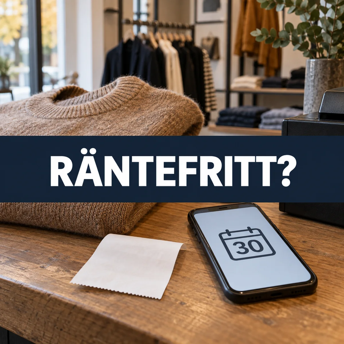 Stickad tröja, kassakvitto och mobil med 30-dagarskalender i klädbutik, med texten Räntefritt?