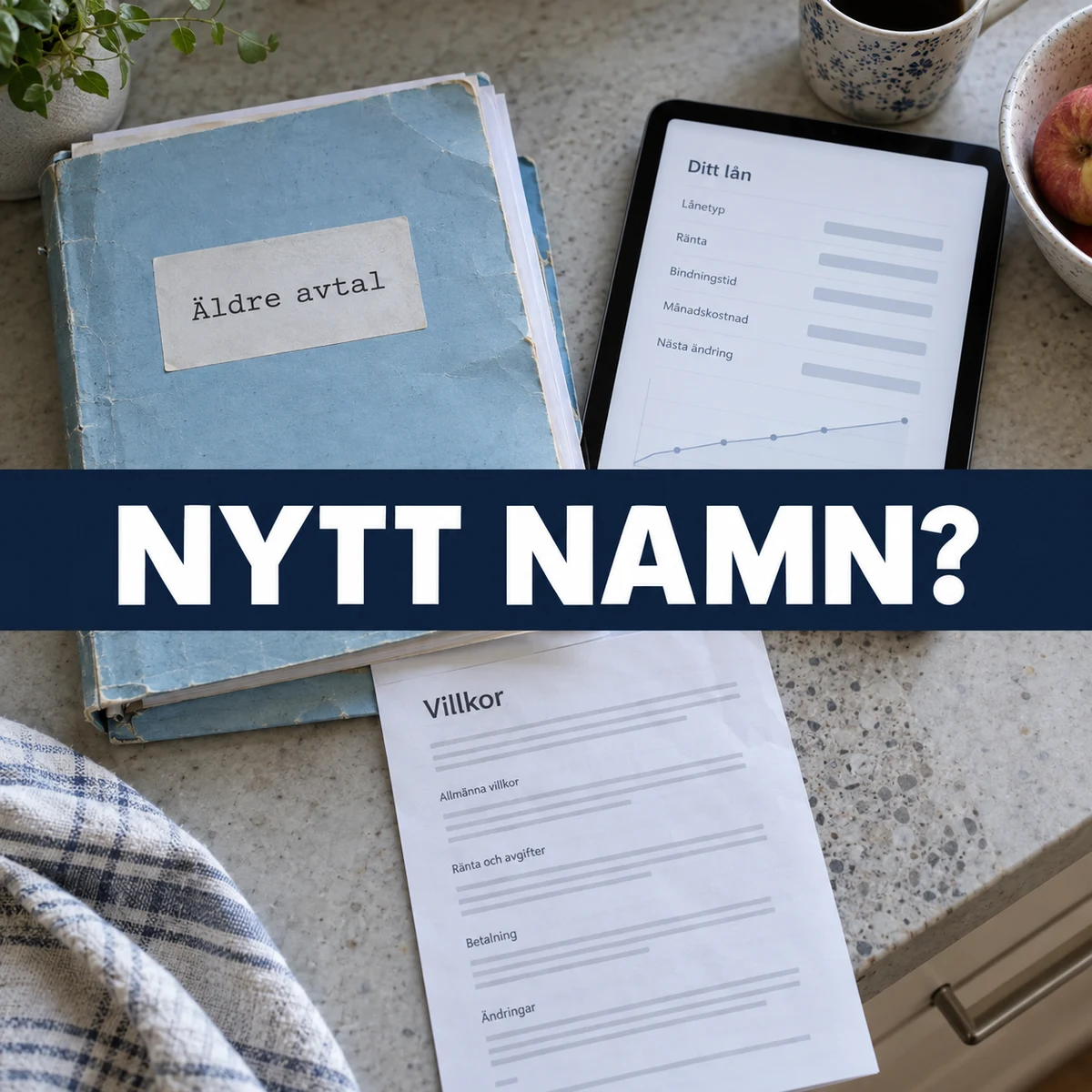 Äldre låneavtal i en blå mapp bredvid en surfplatta och aktuella villkor på en köksbänk, med frågan Nytt namn?