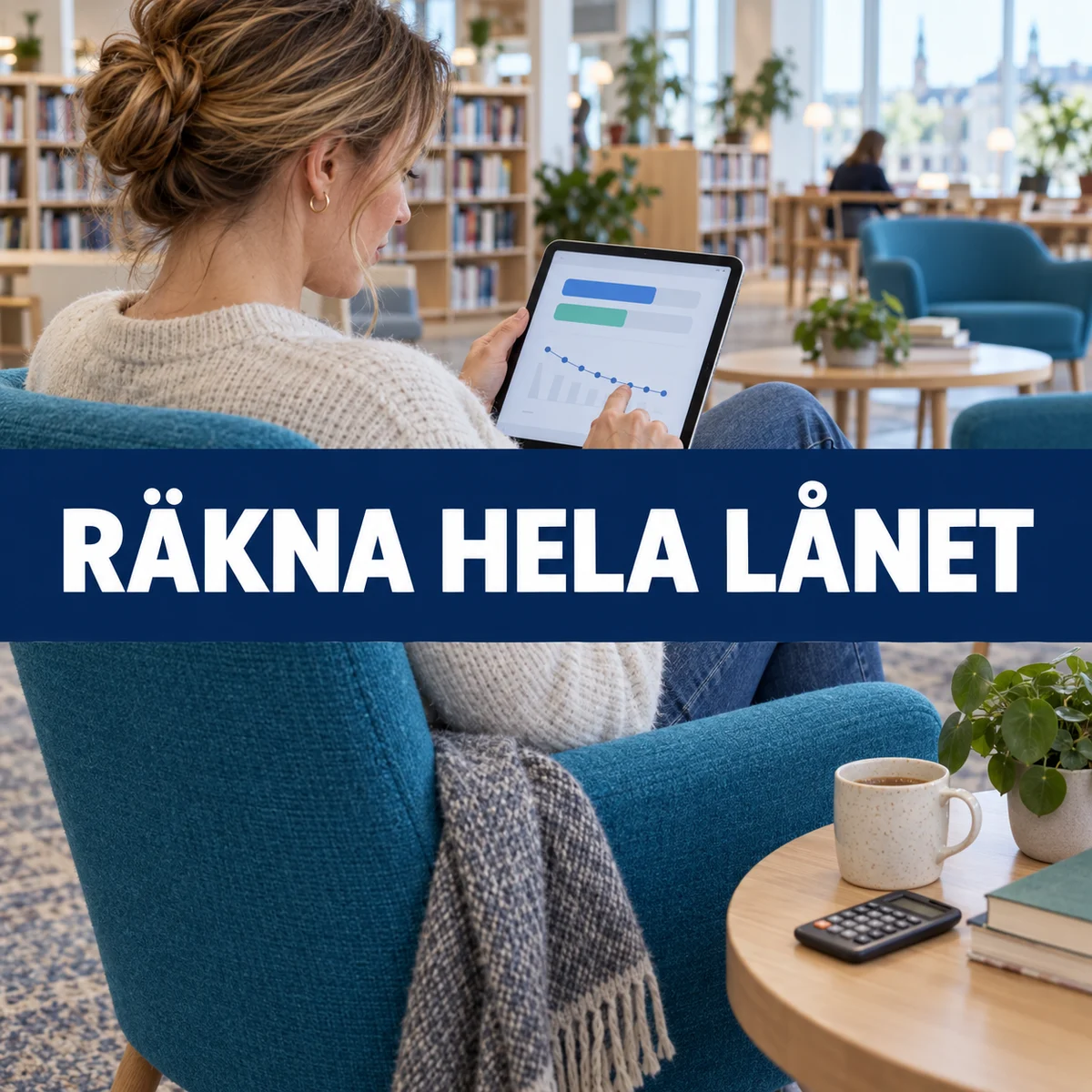 Kvinna i ett svenskt bibliotek jämför två lånekostnadskurvor på en surfplatta, med texten Räkna hela lånet