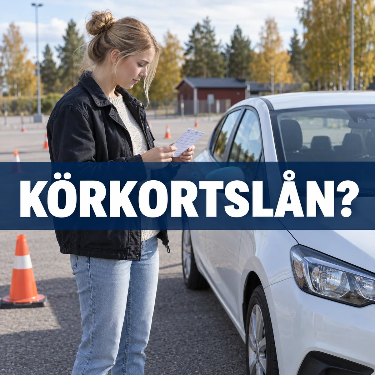 Ung kvinna vid övningsbil på svensk körbana läser en lektionsplan under frågan Körkortslån?