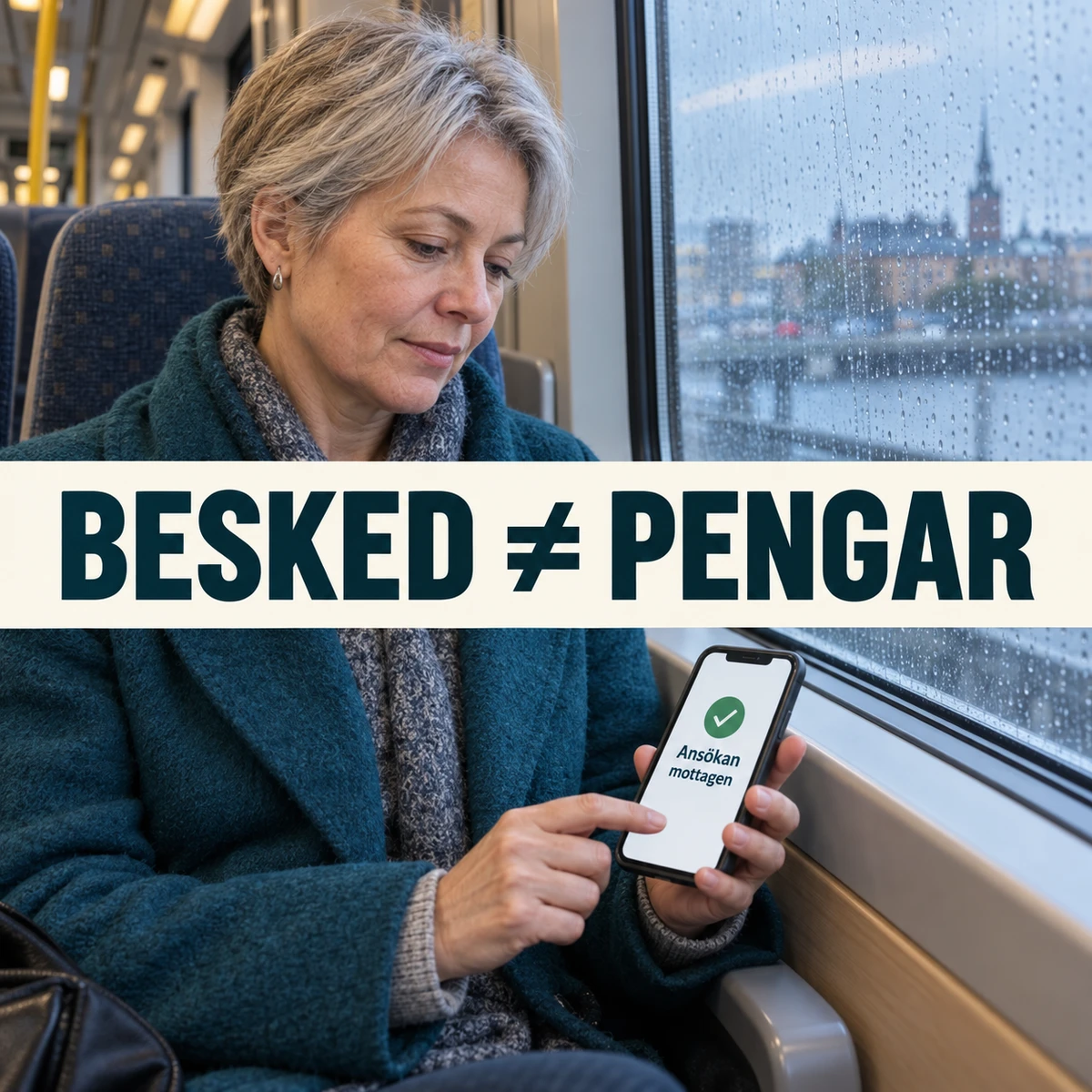 Medelålders kvinna i en svensk pendeltågsvagn granskar mobilen med texten Ansökan mottagen, under den stora rubriken Besked är inte pengar