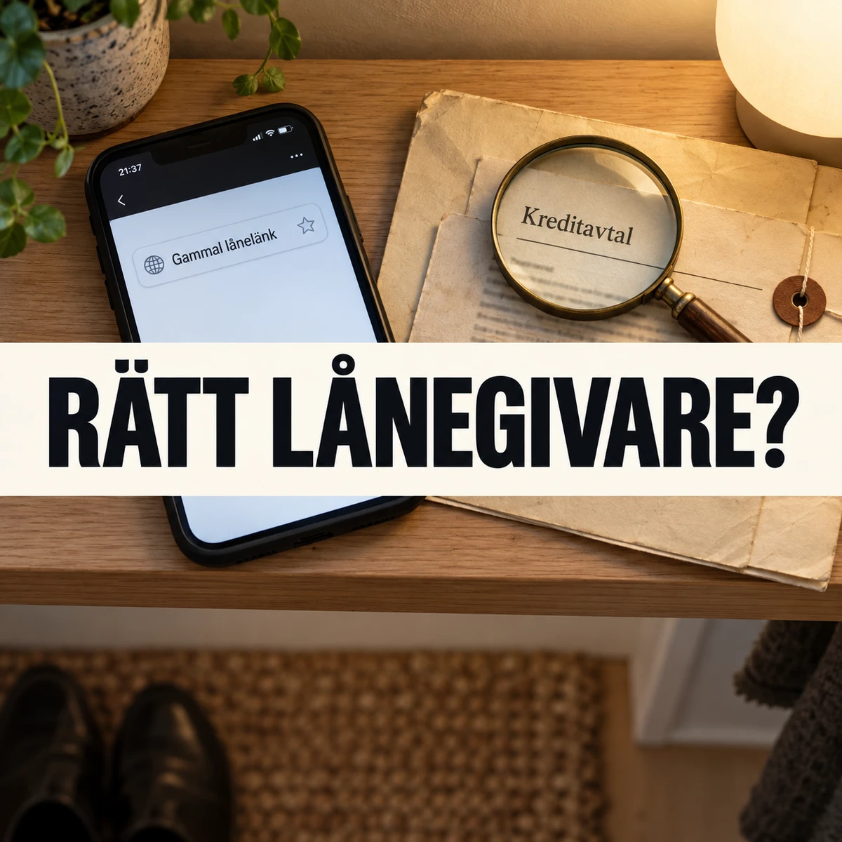 Mobil med en gammal lånelänk och ett förstoringsglas över ett kreditavtal på en svensk hallhylla, med den stora frågan Rätt lånegivare?