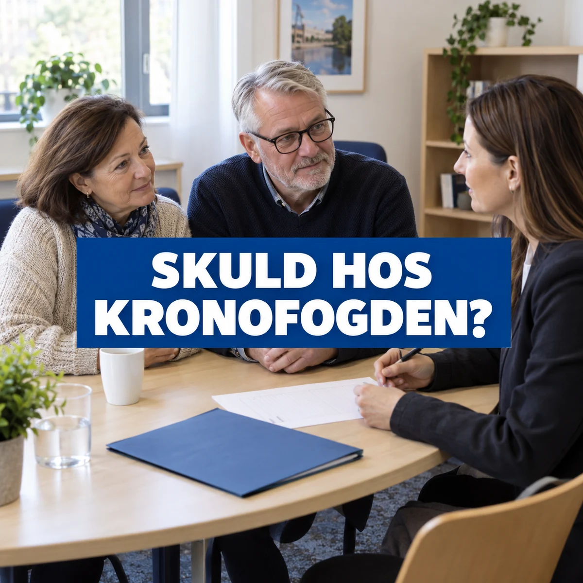 Äldre par i samtal med en budget- och skuldrådgivare med texten Skuld hos Kronofogden?