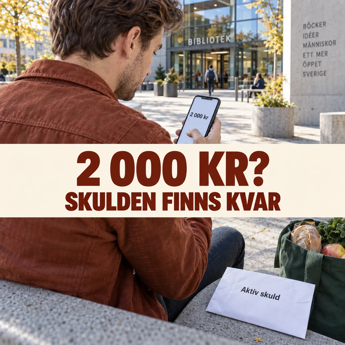Yngre man på en bänk vid ett svenskt bibliotek med mobil märkt 2 000 kr, ett kuvert för aktiv skuld och en matkasse, med texten 2 000 kr? Skulden finns kvar