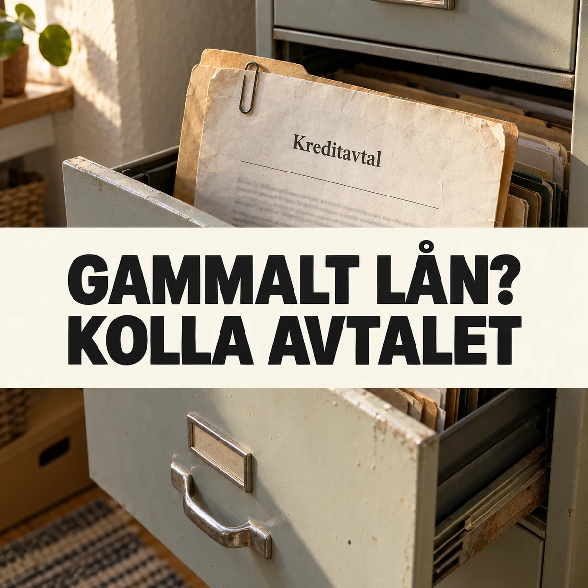 Ett slitet kreditavtal i en utdragen grå arkivlåda med den stora texten Gammalt lån? Kolla avtalet