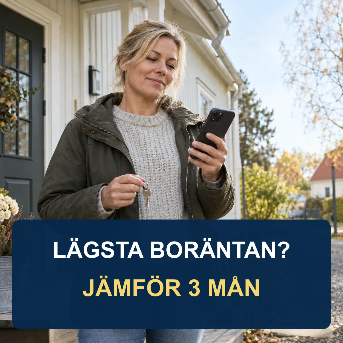Kvinna vid ett svenskt trähus jämför bolåneerbjudanden i mobilen och håller en husnyckel, med texten Lägsta boräntan? Jämför 3 mån