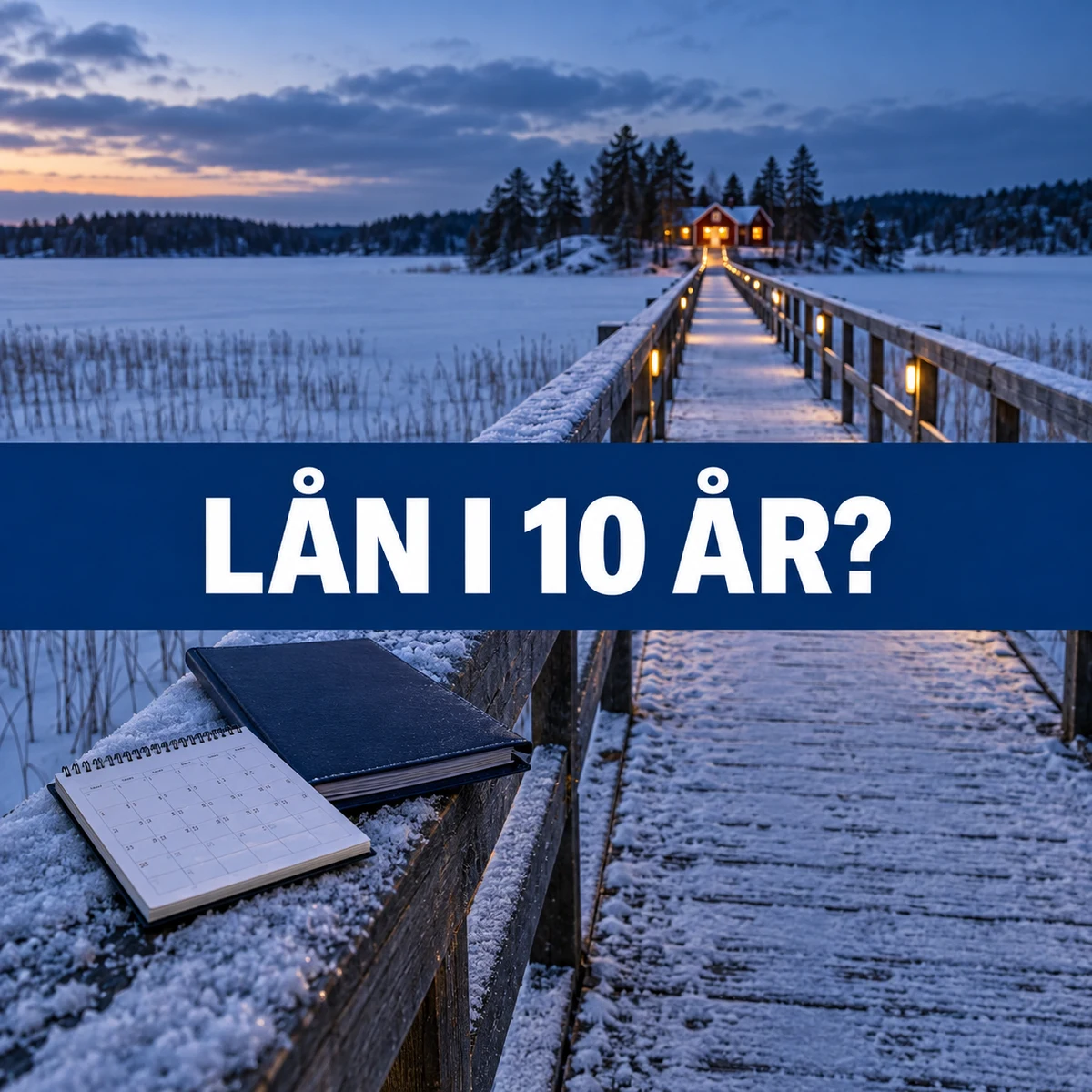Lång snötäckt brygga över en svensk sjö i blå timmen med texten Lån i 10 år?