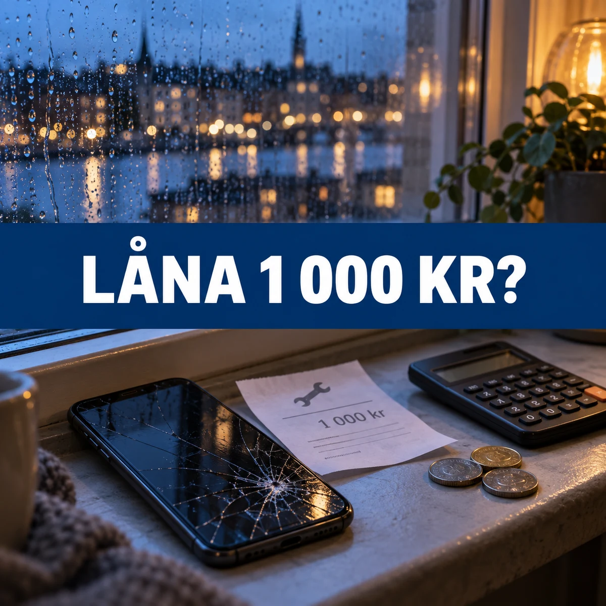 Sprucken mobil, reparationskostnad och kalkylator vid ett regnigt svenskt fönster med texten Låna 1 000 kr?