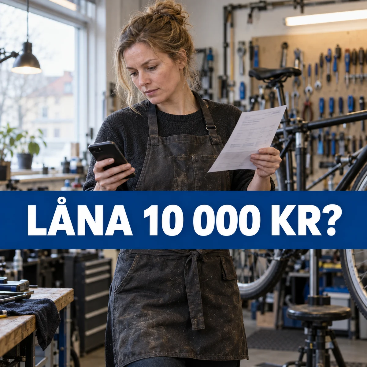 Kvinna i cykelverkstad jämför en kostnadsuppgift med mobilen och texten Låna 10 000 kr?