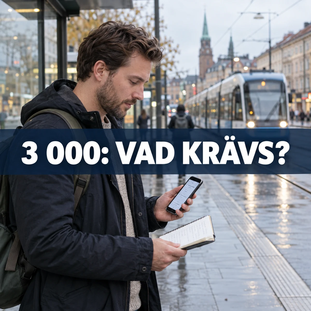 Man på en svensk spårvagnshållplats granskar lån i mobilen och sin utgiftsanteckning, med texten 3 000: Vad krävs?