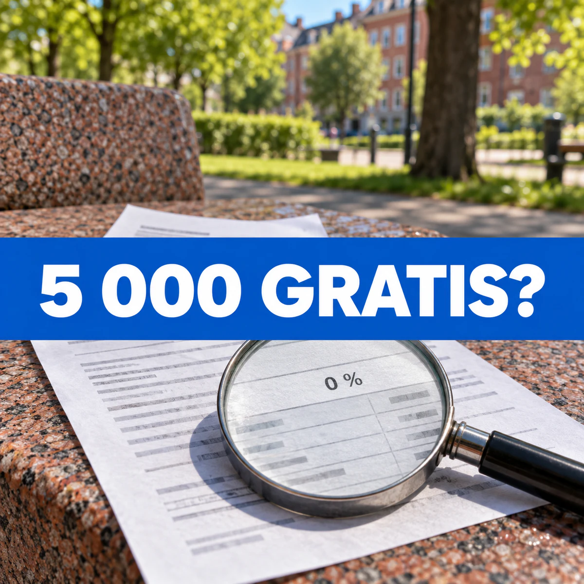 Ett förstoringsglas över ett illustrativt lånedokument på en granitbänk i en svensk park, med stor central text 5 000 GRATIS?