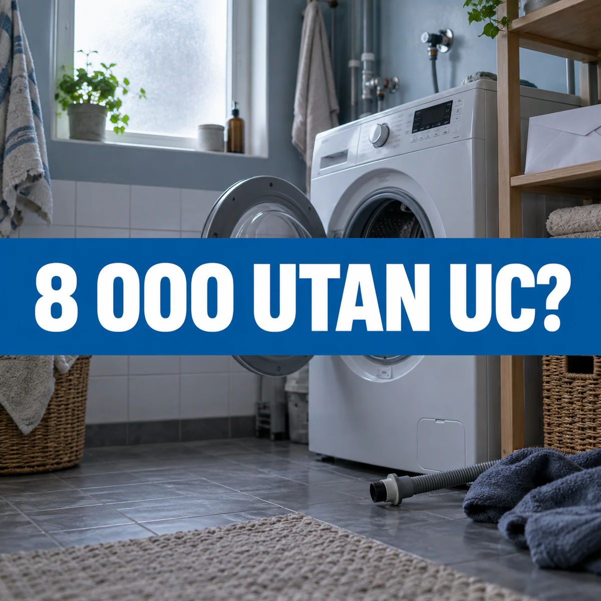 Öppen tvättmaskin och en lös slang i ett svenskt grovkök med den stora centrala texten 8 000 utan UC?, som illustrerar en möjlig oväntad hushållsutgift