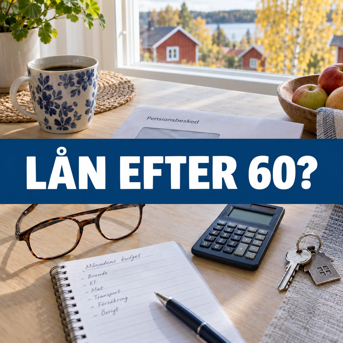 Ljust svenskt köksbord med pensionsbesked, glasögon, budget, miniräknare och texten Lån efter 60?