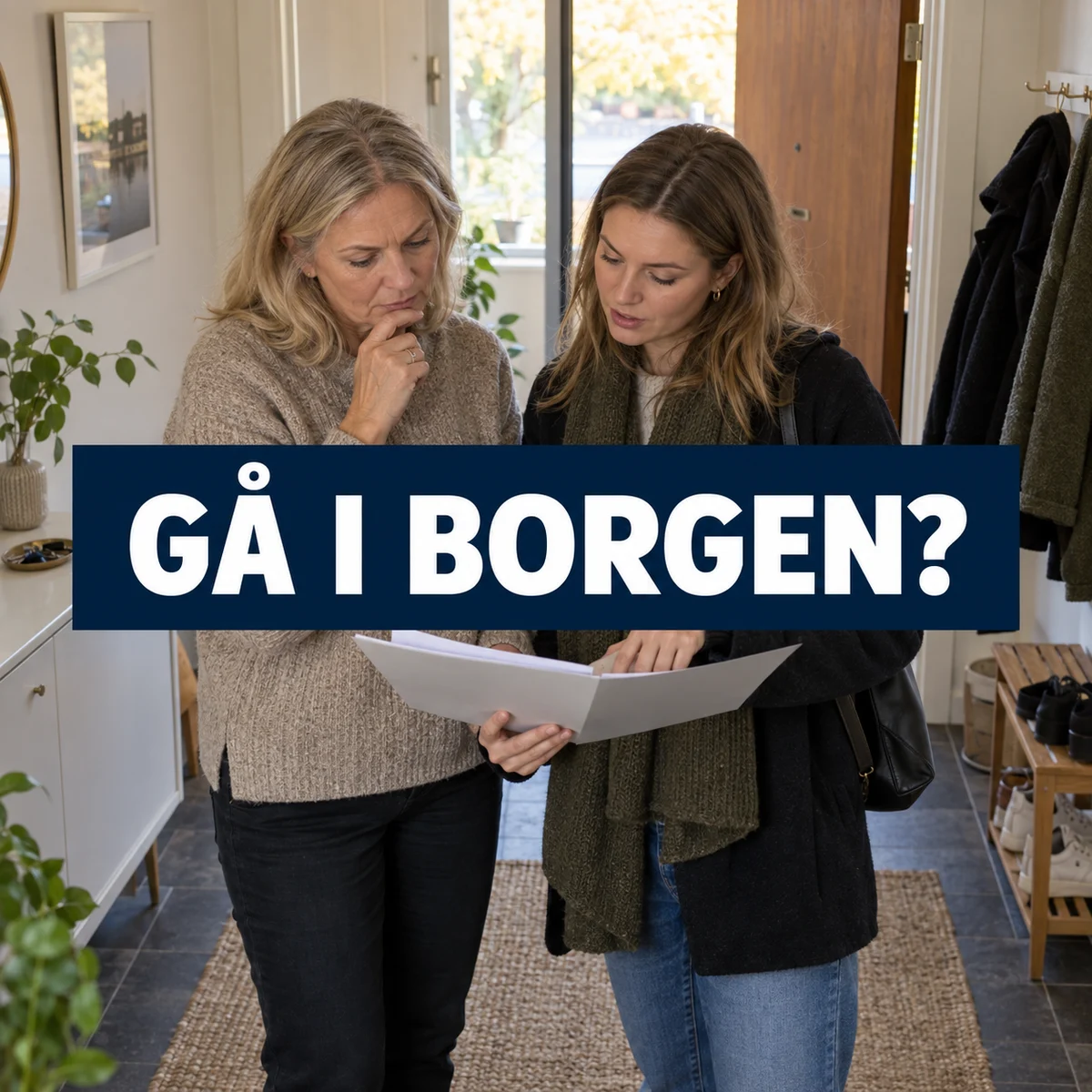 Mor och vuxen dotter går igenom ett möjligt borgensåtagande i en svensk hall, med texten Gå i borgen?