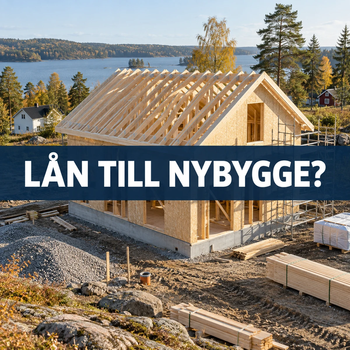 Timberstomme till ett nytt svenskt hus på byggtomt, med texten Lån till nybygge?
