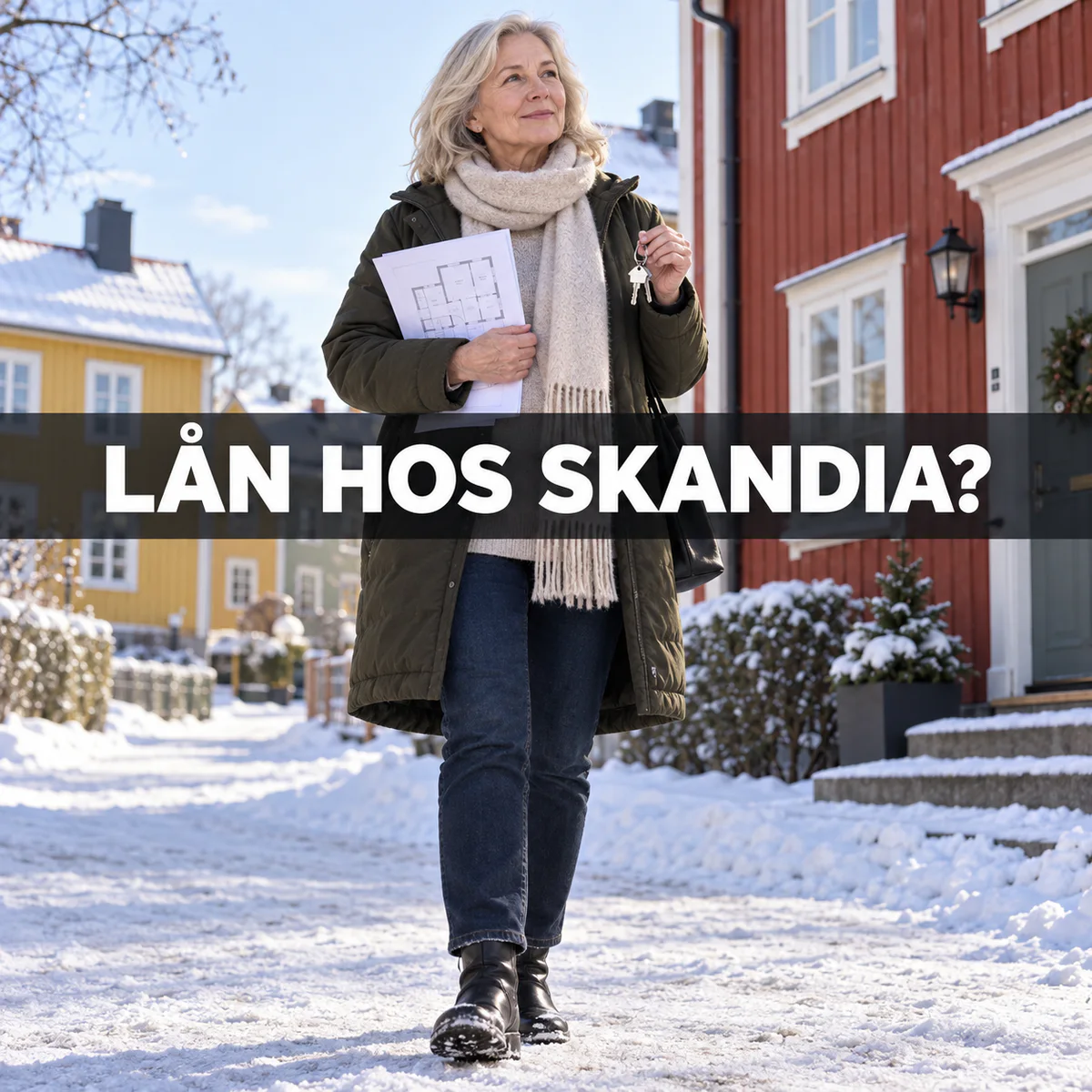 Äldre svensk kvinna med planritning och husnycklar i ett vintrigt bostadsområde samt texten Lån hos Skandia?