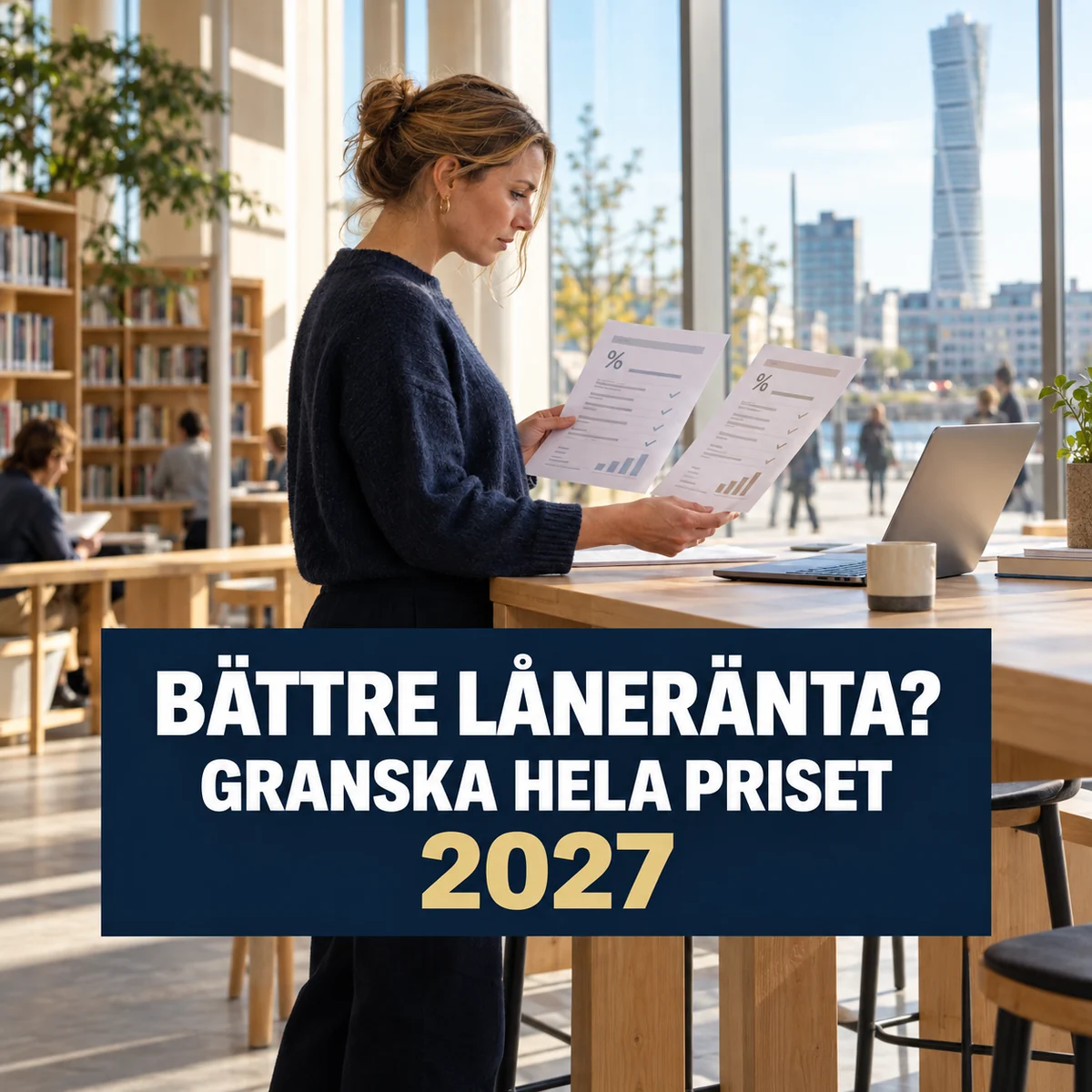 Kvinna i ett ljust bibliotek jämför två låneerbjudanden med texten Bättre låneränta – granska hela priset 2027