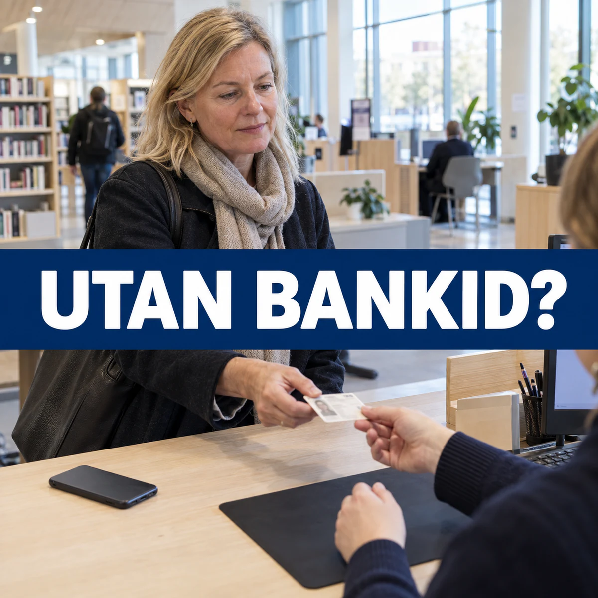 En svensk kvinna visar fysisk legitimation vid en servicedisk medan mobilen ligger åt sidan, med stor central text UTAN BANKID?