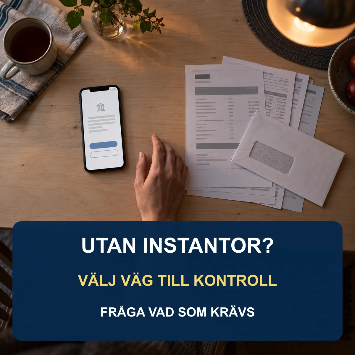 Hand mellan en mobil för automatisk bankkoppling och pappersunderlag med texten Utan Instantor – välj väg till kontroll