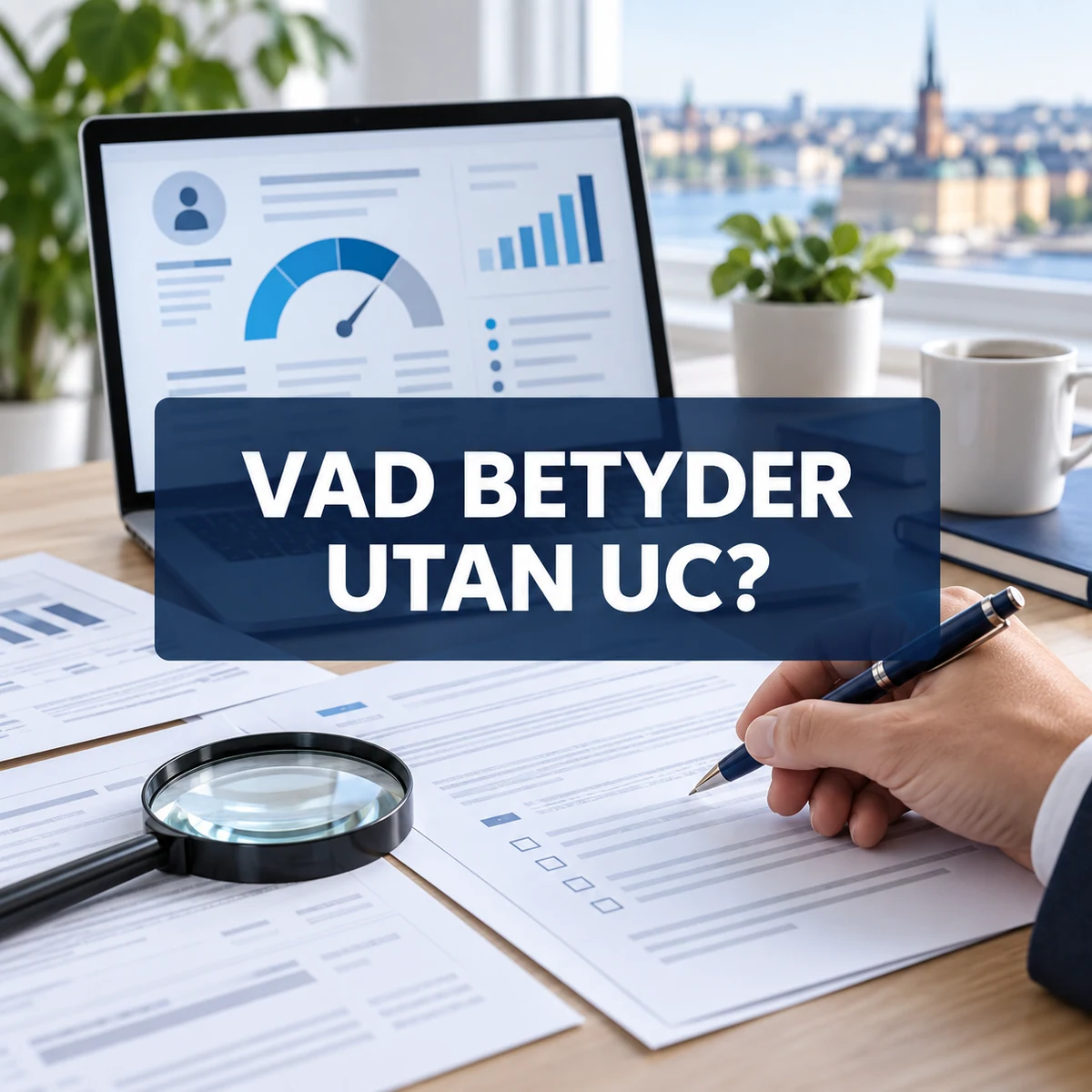 Kreditunderlag och förstoringsglas med den centrerade texten Vad betyder utan UC?