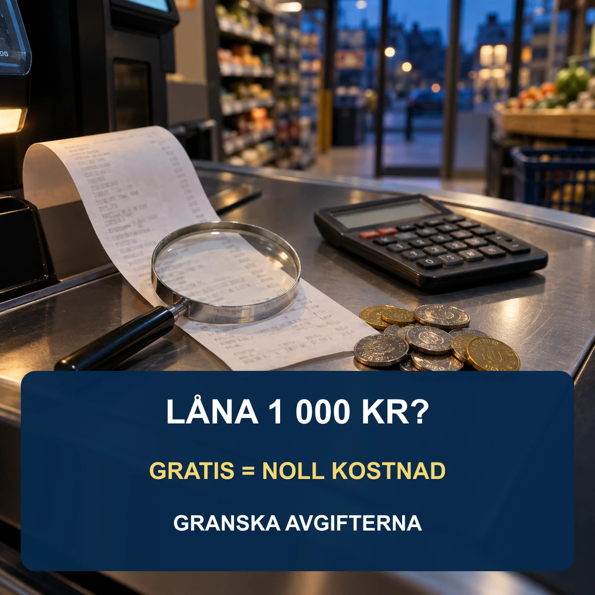 Kvitto, förstoringsglas, kalkylator och svenska mynt vid en obrandad butikskassa med texten Låna 1 000 kr? Gratis = noll kostnad