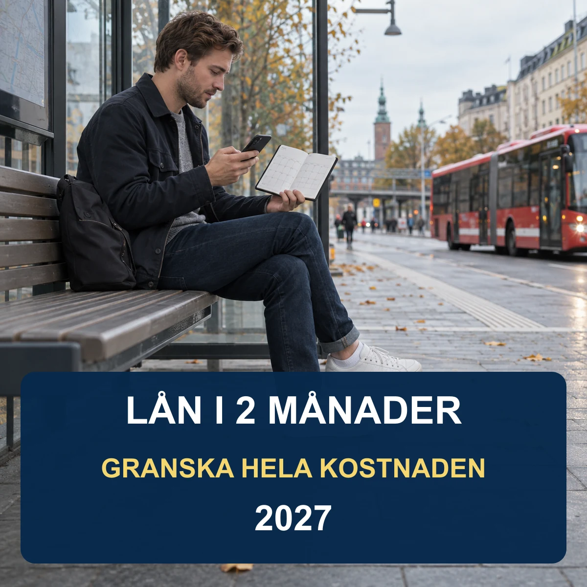 Ung man vid en svensk busshållplats jämför mobil och tvåmånaderskalender med texten Lån i 2 månader 2027