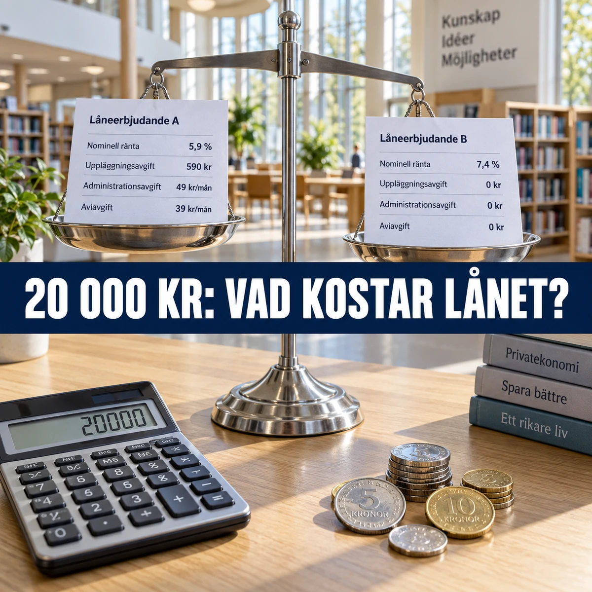 Två låneerbjudanden på en balansvåg i ett svenskt bibliotek med texten 20 000 kr: vad kostar lånet?