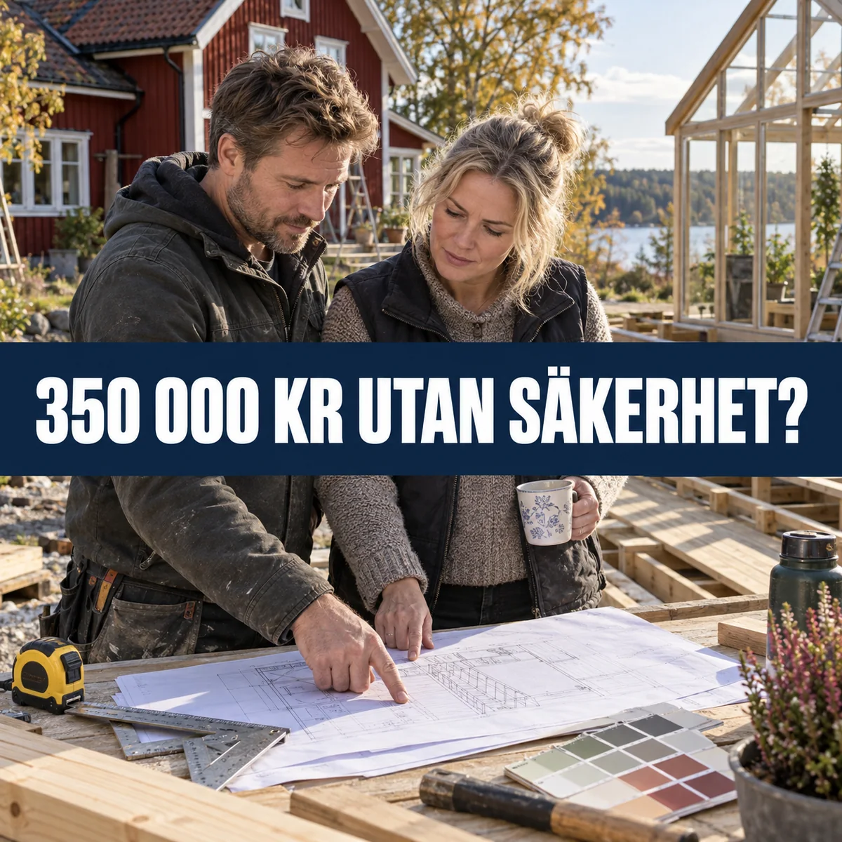 Två svenska husägare går igenom ritningar vid en pågående renovering med texten 350 000 kr utan säkerhet