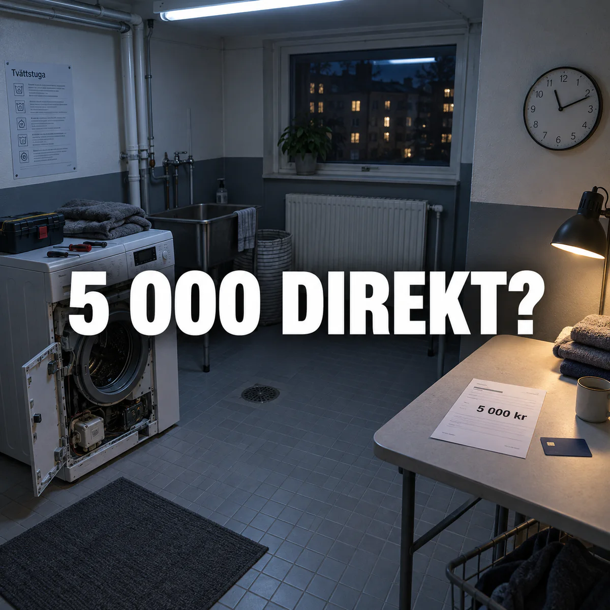 Trasig tvättmaskin, reparationsunderlag på 5 000 kronor och väggklocka i en svensk tvättstuga med texten 5 000 direkt?