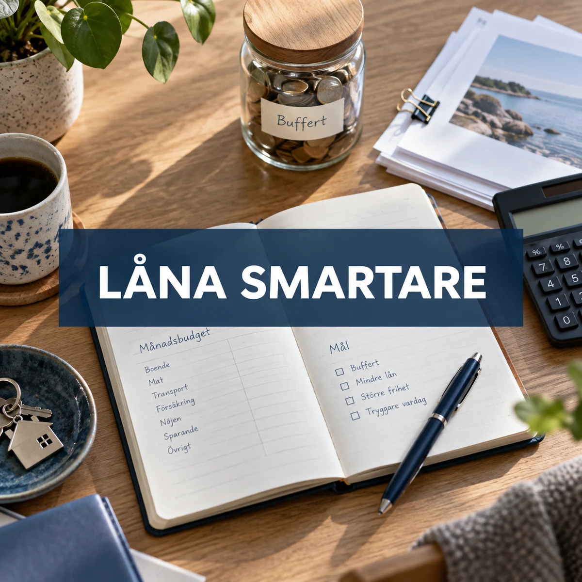Budgetanteckningar och sparande med den centrerade texten Låna smartare
