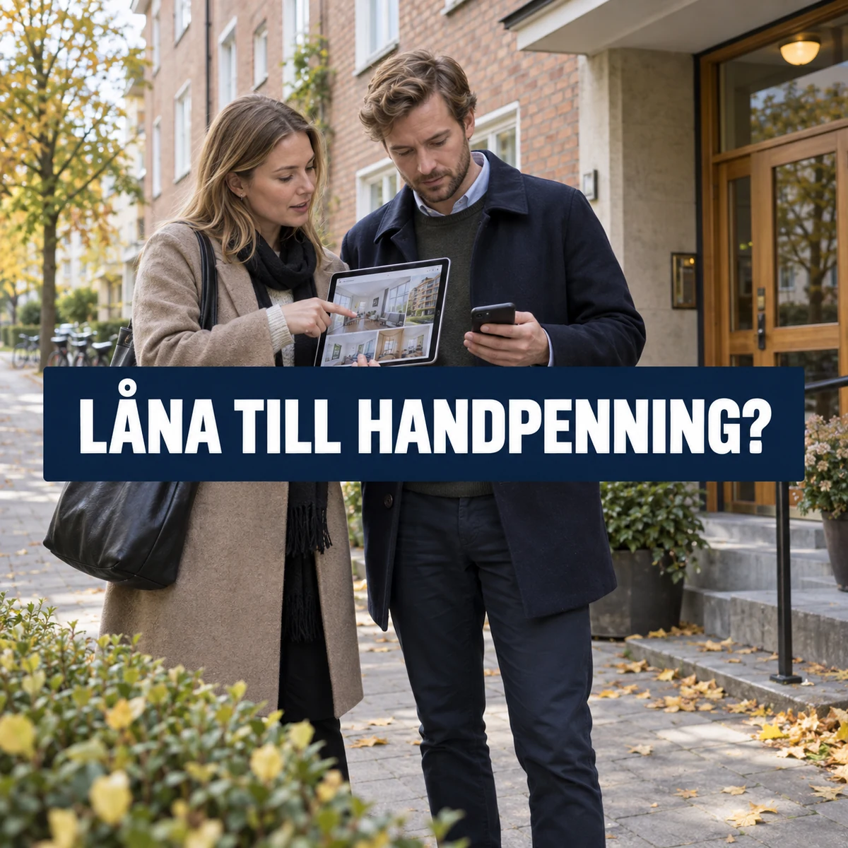 Två bostadsköpare jämför en lägenhetsannons och telefon utanför ett svenskt flerbostadshus, med texten Låna till handpenning?