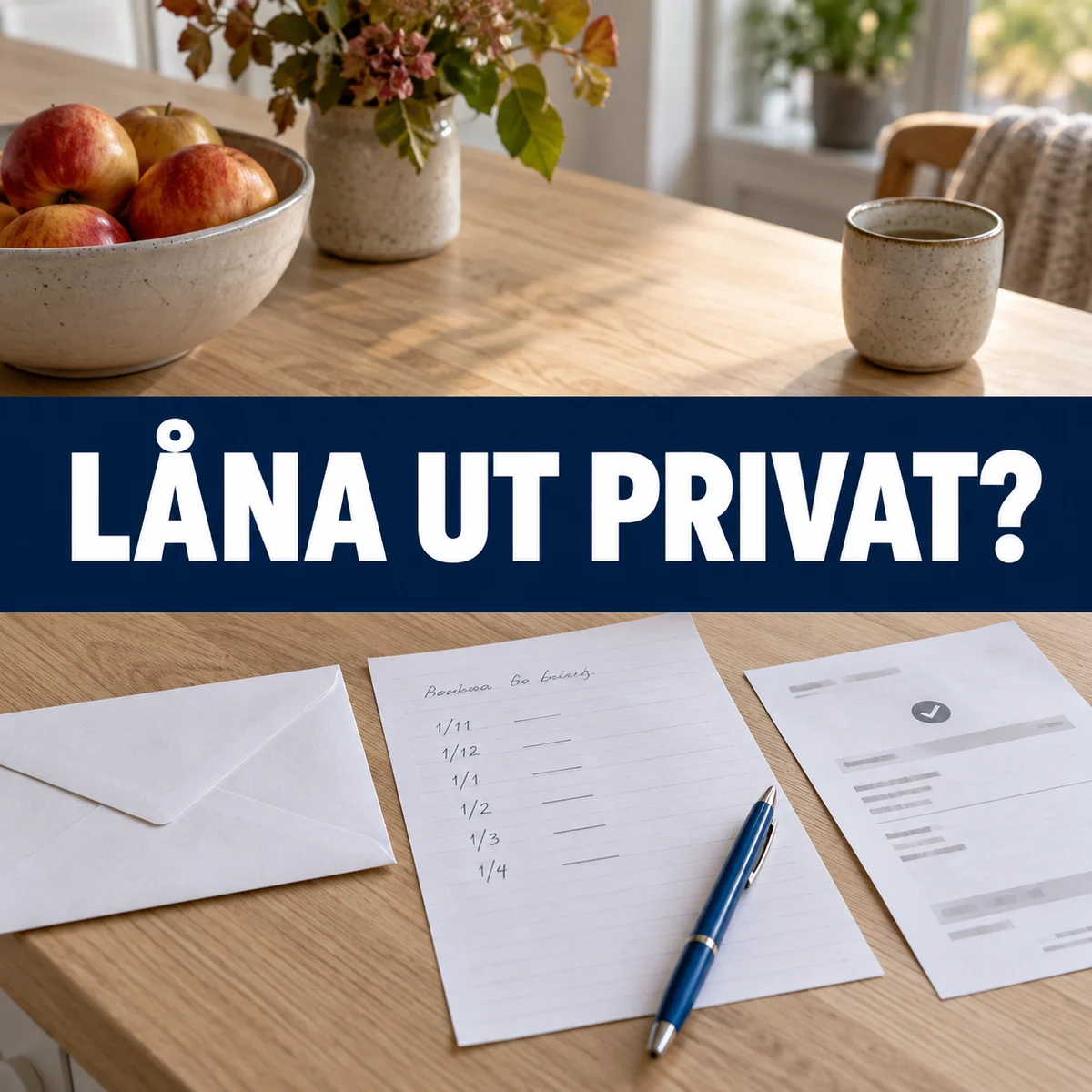 Ett kuvert med lånehandlingar, betalningsplan och överföringsunderlag på ett köksbord, med texten Låna ut privat?