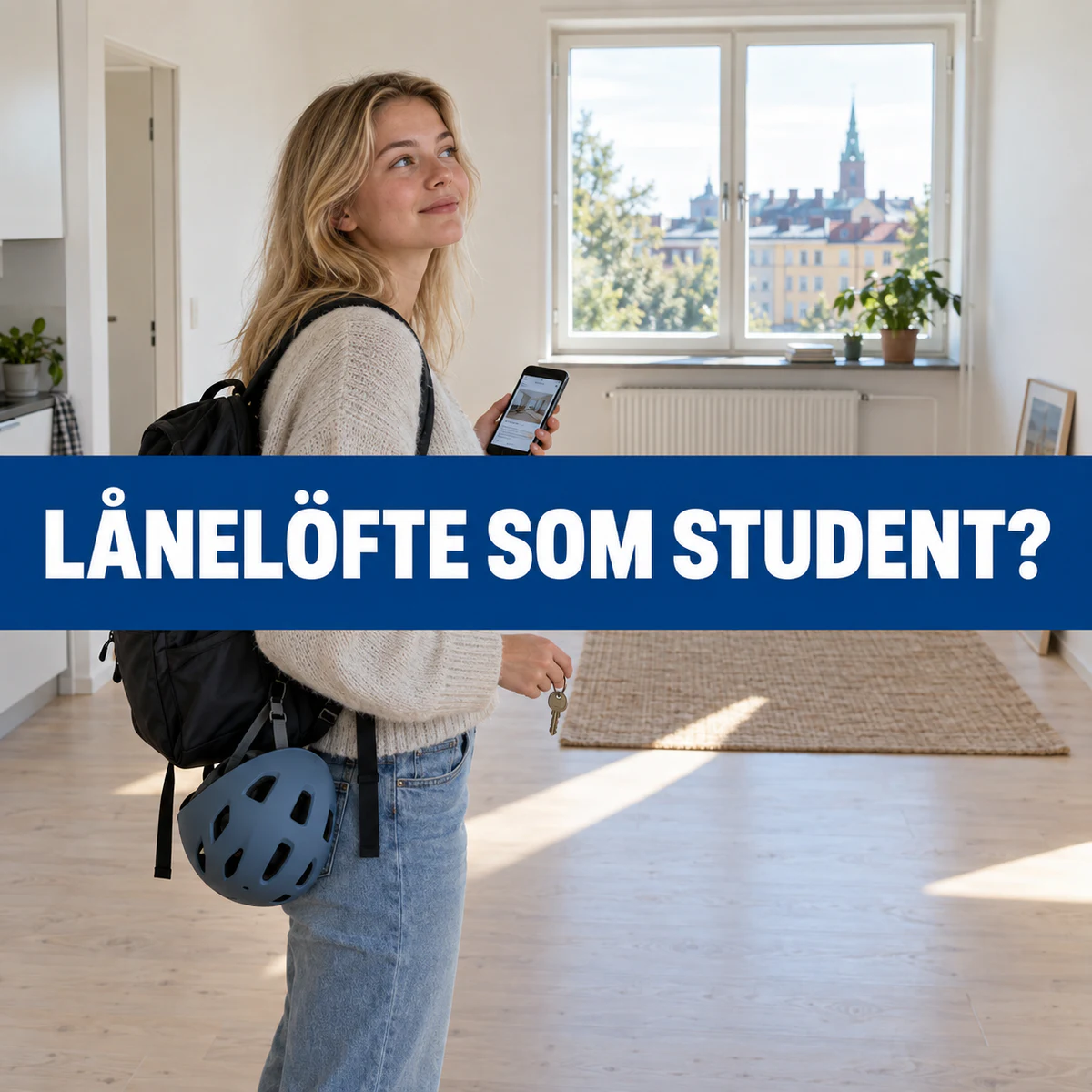 Ung svensk student på visning i en mindre lägenhet med texten Lånelöfte som student?