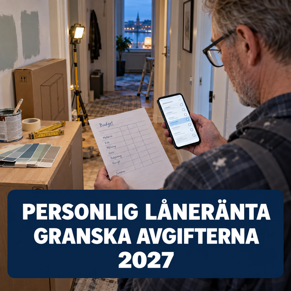 Äldre man i en lägenhet under renovering som jämför en låneoffert i mobilen med sin budget och texten Personlig låneränta, granska avgifterna 2027