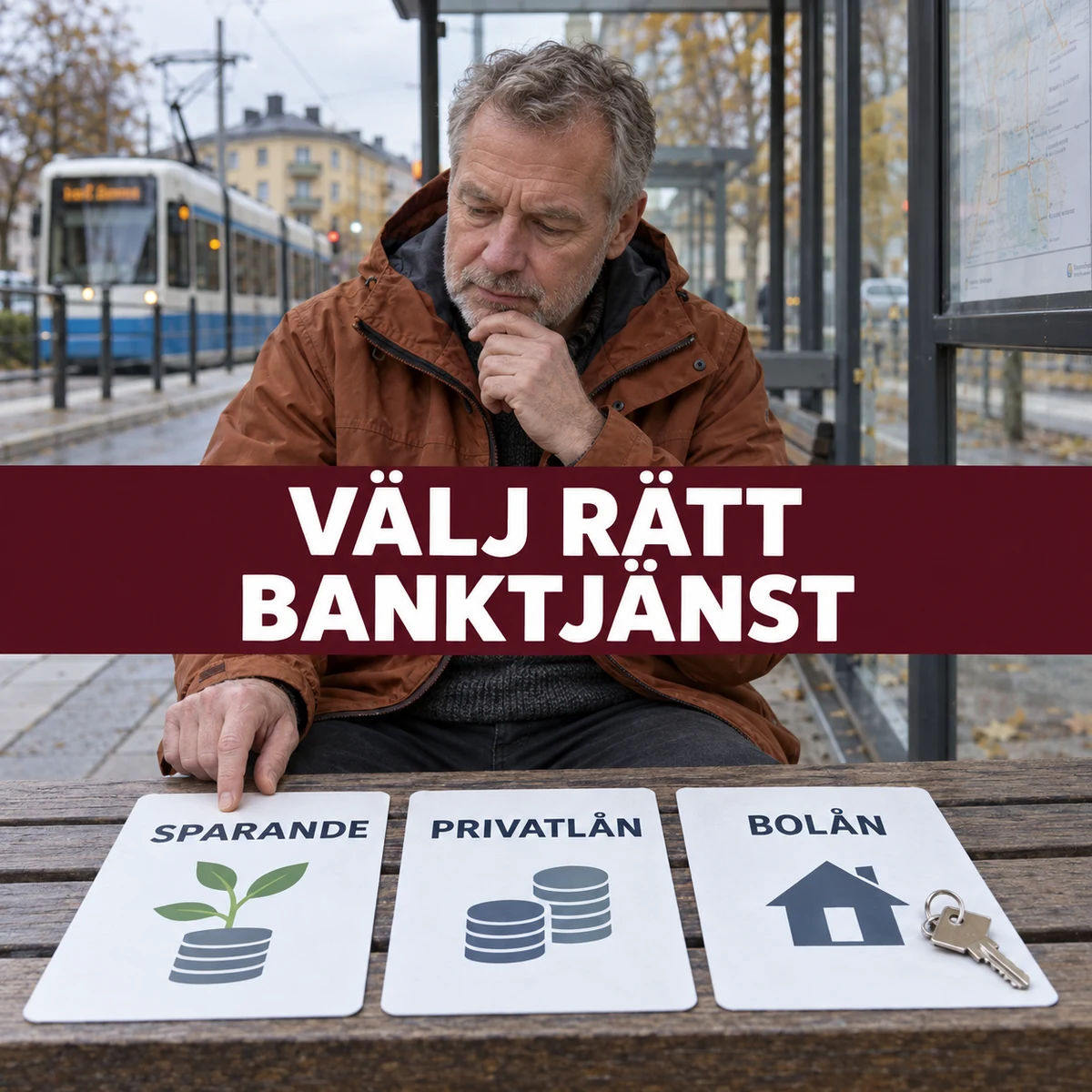 Gråhårig man vid en svensk spårvagnshållplats jämför kort för sparande, privatlån och bolån med texten Välj rätt banktjänst