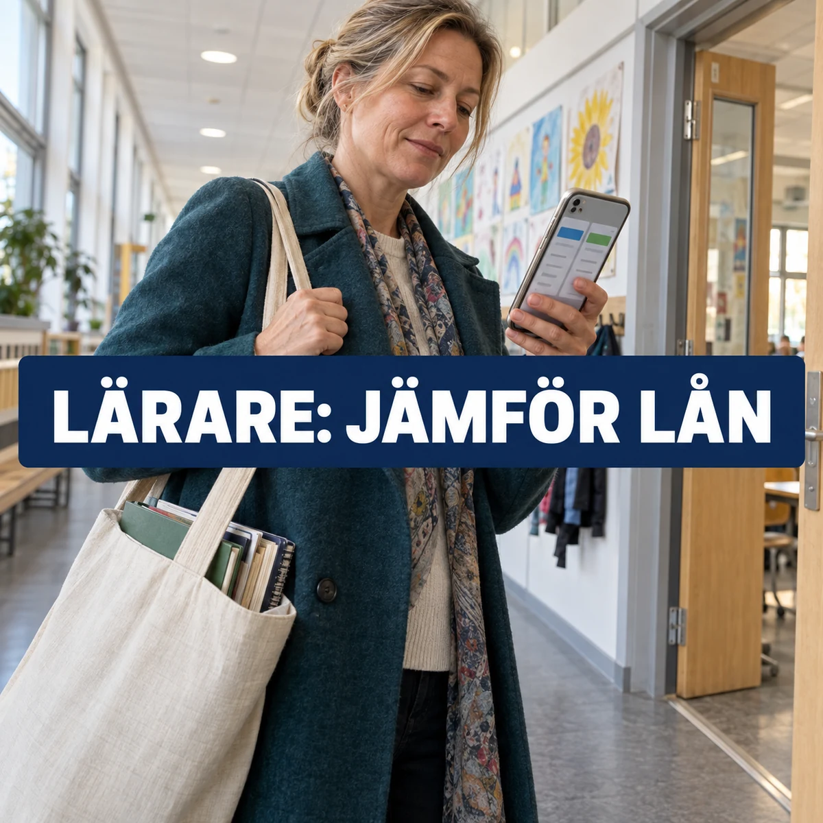 En lärare i en svensk skolkorridor jämför två lånealternativ i mobilen, med texten Lärare: jämför lån