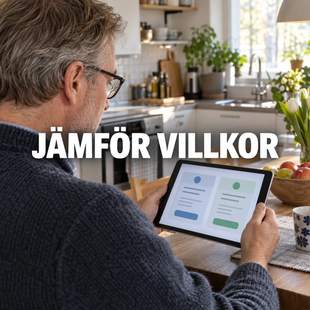 Man i ett svenskt kök jämför två anonyma låneerbjudanden på en surfplatta under texten Jämför villkor