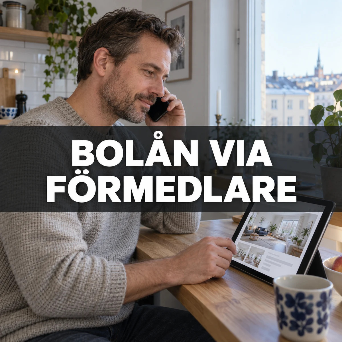 En man i ett ljust svenskt kök talar i telefon med en bolånehandläggare och jämför en bostadsannons på en surfplatta, med texten Bolån via förmedlare