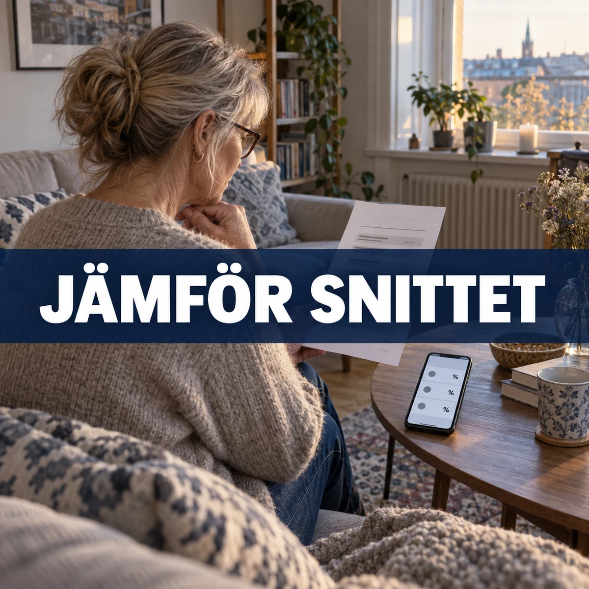 Äldre kvinna jämför ett bolåneerbjudande med tre snitträntor hemma i lägenheten, med texten Jämför snittet