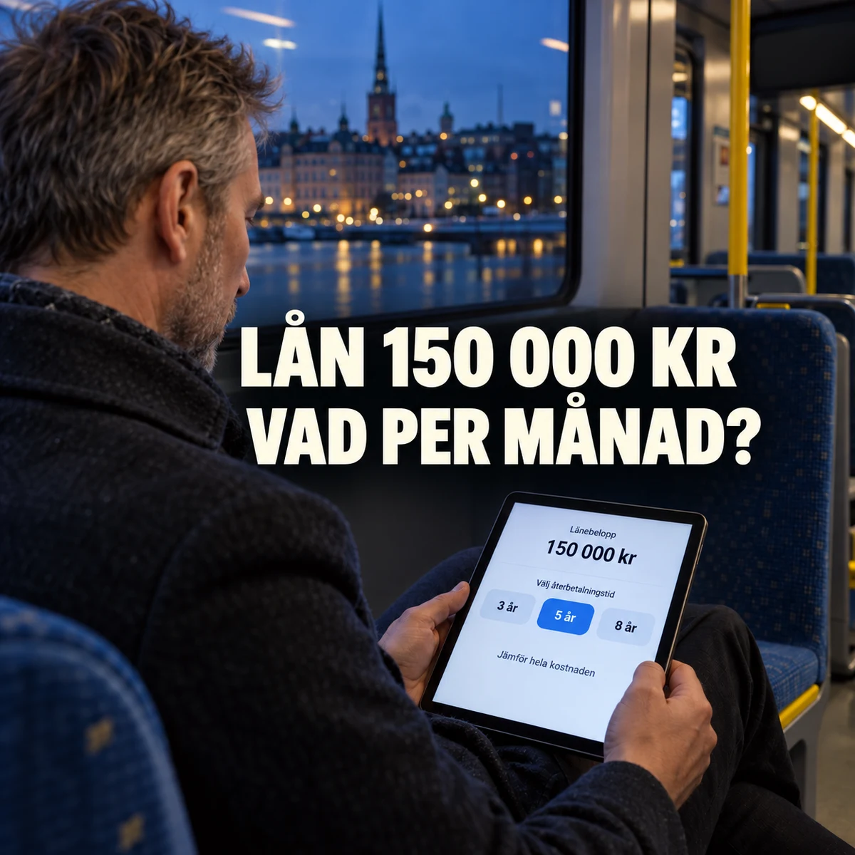 En man på en svensk spårvagn i skymningen jämför 3, 5 och 8 års återbetalning på en surfplatta, med texten Lån 150 000 kr – Vad per månad?