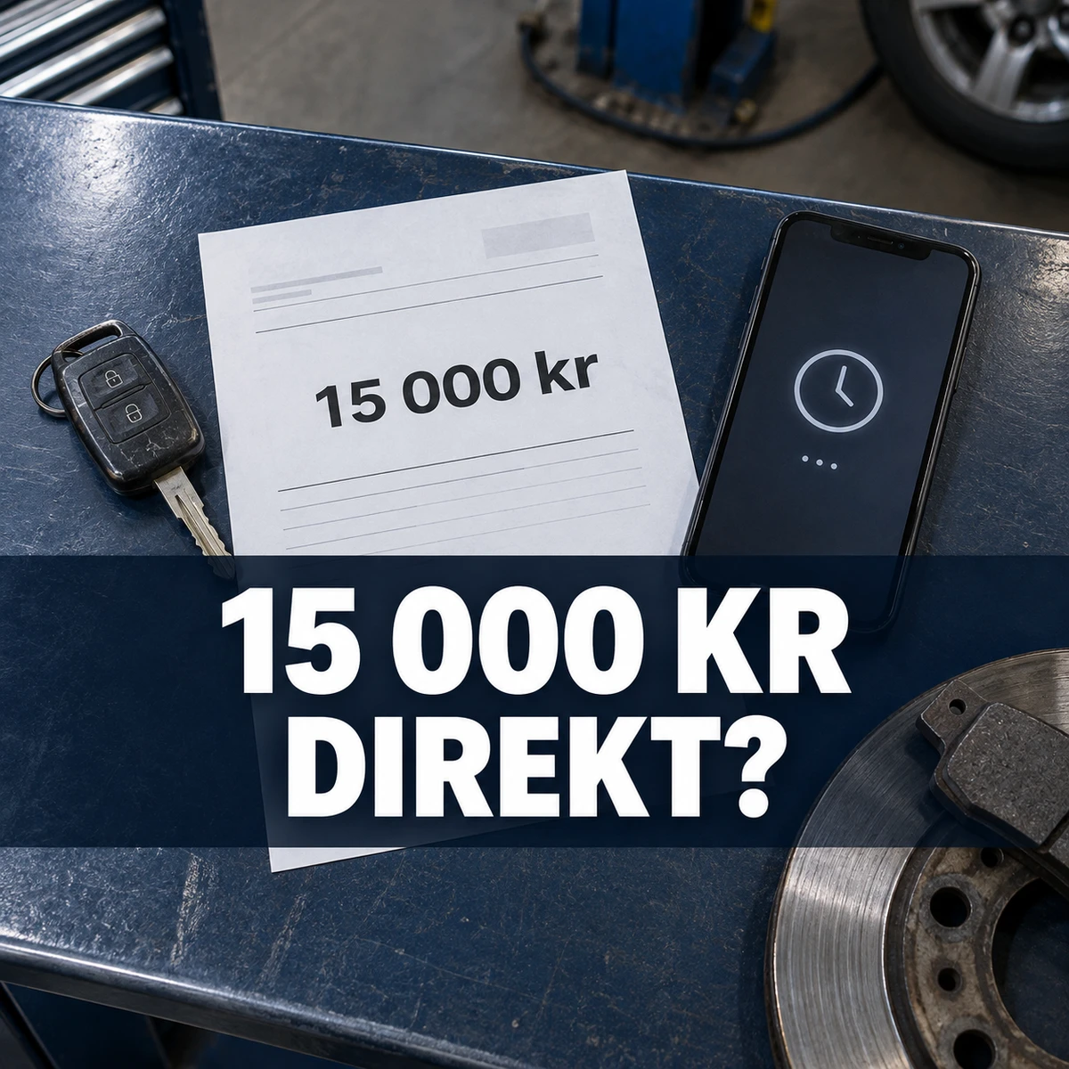 Ett reparationsunderlag på 15 000 kronor, bilnyckel, mobil med väntesymbol och bromsdel på en blå verkstadsdisk under texten 15 000 kr direkt?