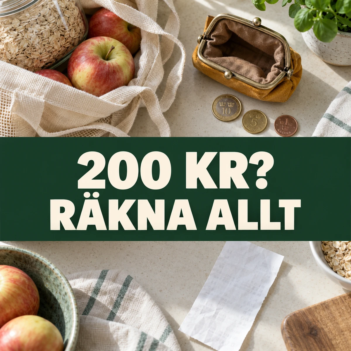 Tom myntbörs, svenska mynt, havre och äpplen på en ljus köksbänk med texten 200 kr? Räkna allt