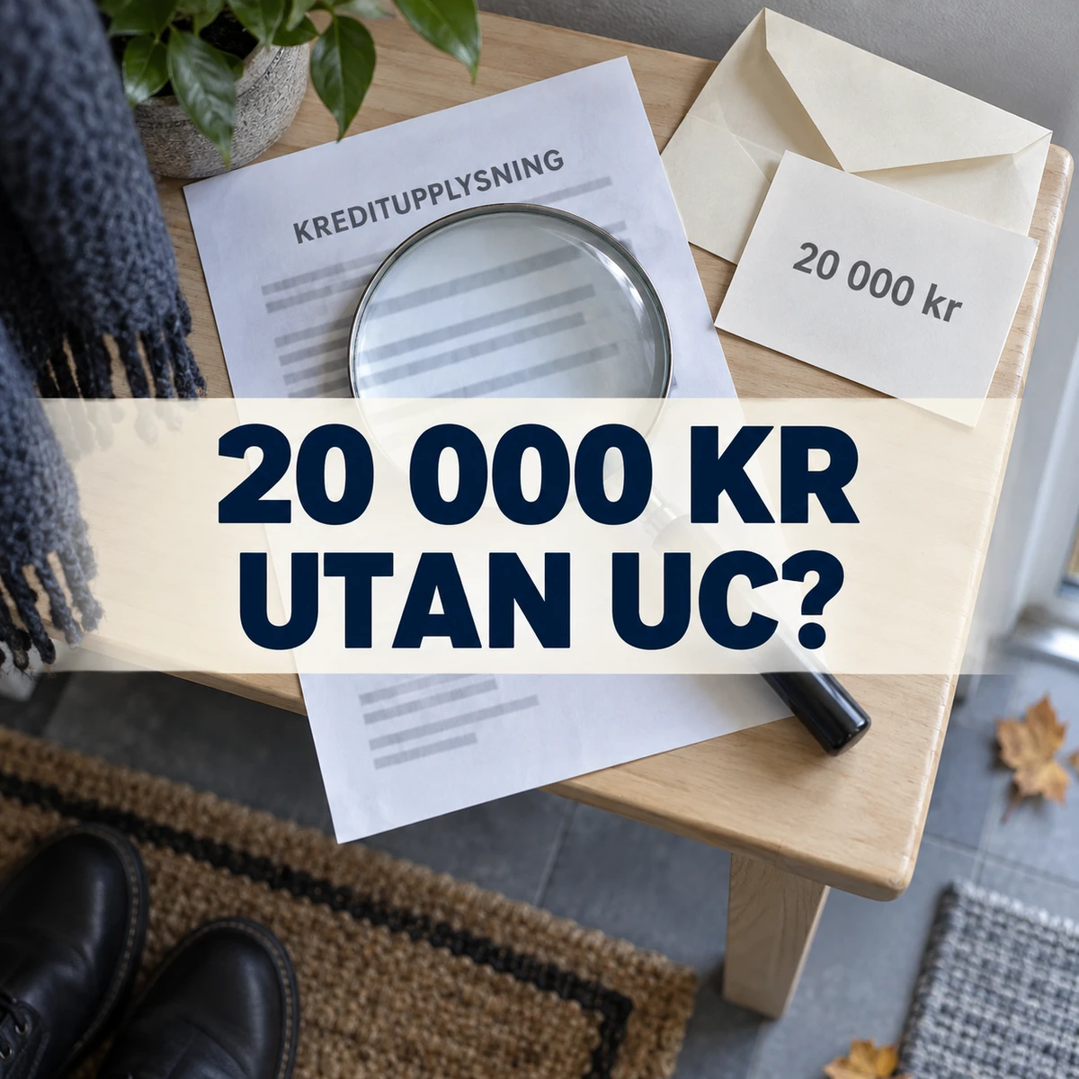 Förstoringsglas över ett fiktivt kreditupplysningsbrev och ett kort med 20 000 kronor på en björkbänk i en svensk hall, med texten 20 000 kr utan UC?