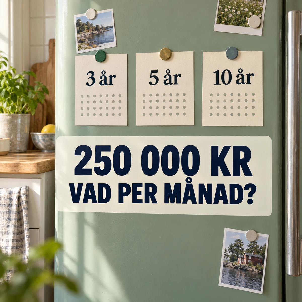 Tre återbetalningskort märkta 3 år, 5 år och 10 år på ett grönt kylskåp i ett ljust svenskt kök, med texten 250 000 kr – Vad per månad?