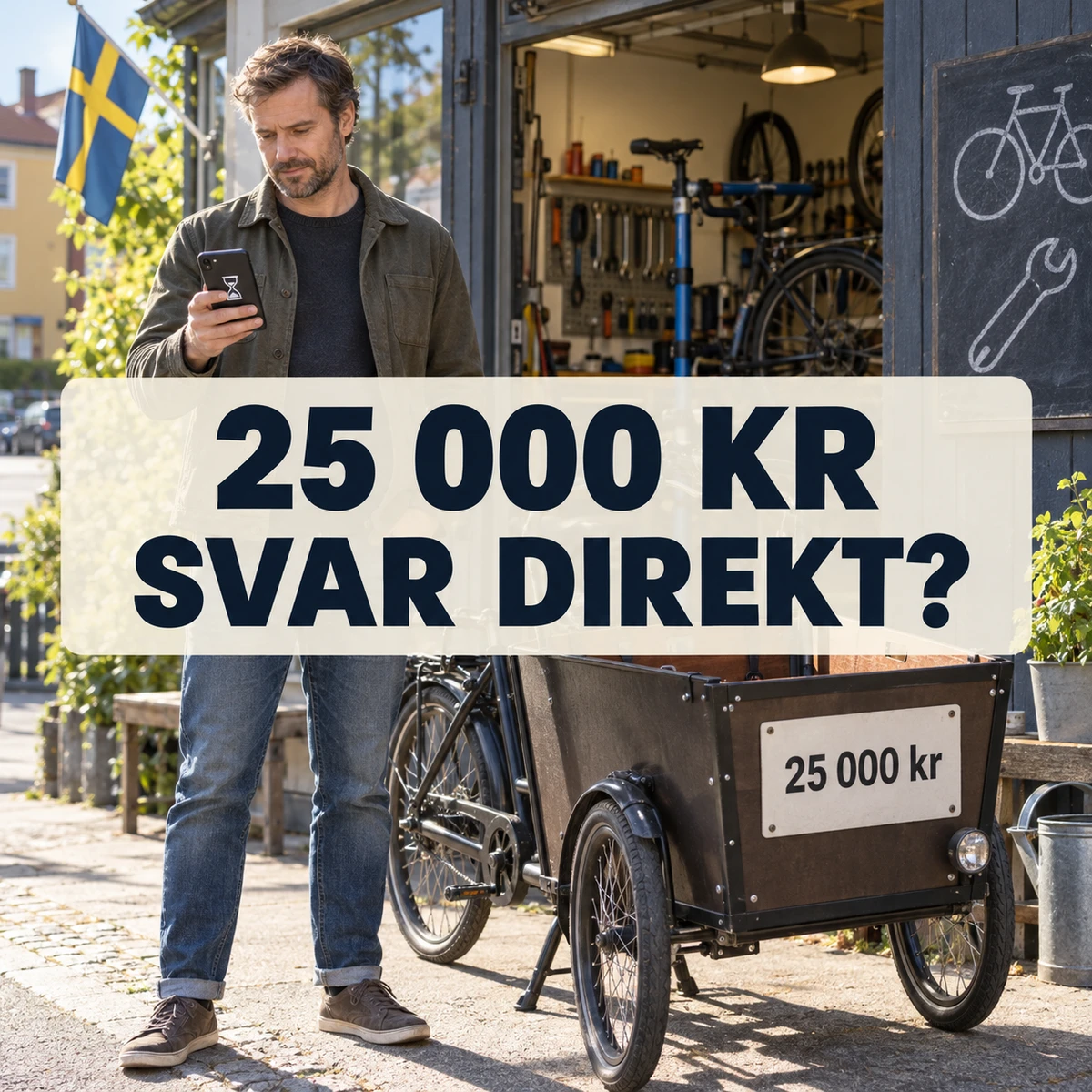Man utanför en svensk cykelverkstad kontrollerar mobilen vid en lastcykel märkt 25 000 kr, under frågan 25 000 kr – svar direkt?