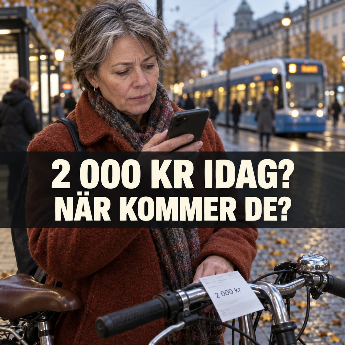 Medelålders kvinna vid en svensk spårvagnshållplats kontrollerar mobilen bredvid sin cykel och en reparationslapp på 2 000 kr, med texten 2 000 kr idag? När kommer de?