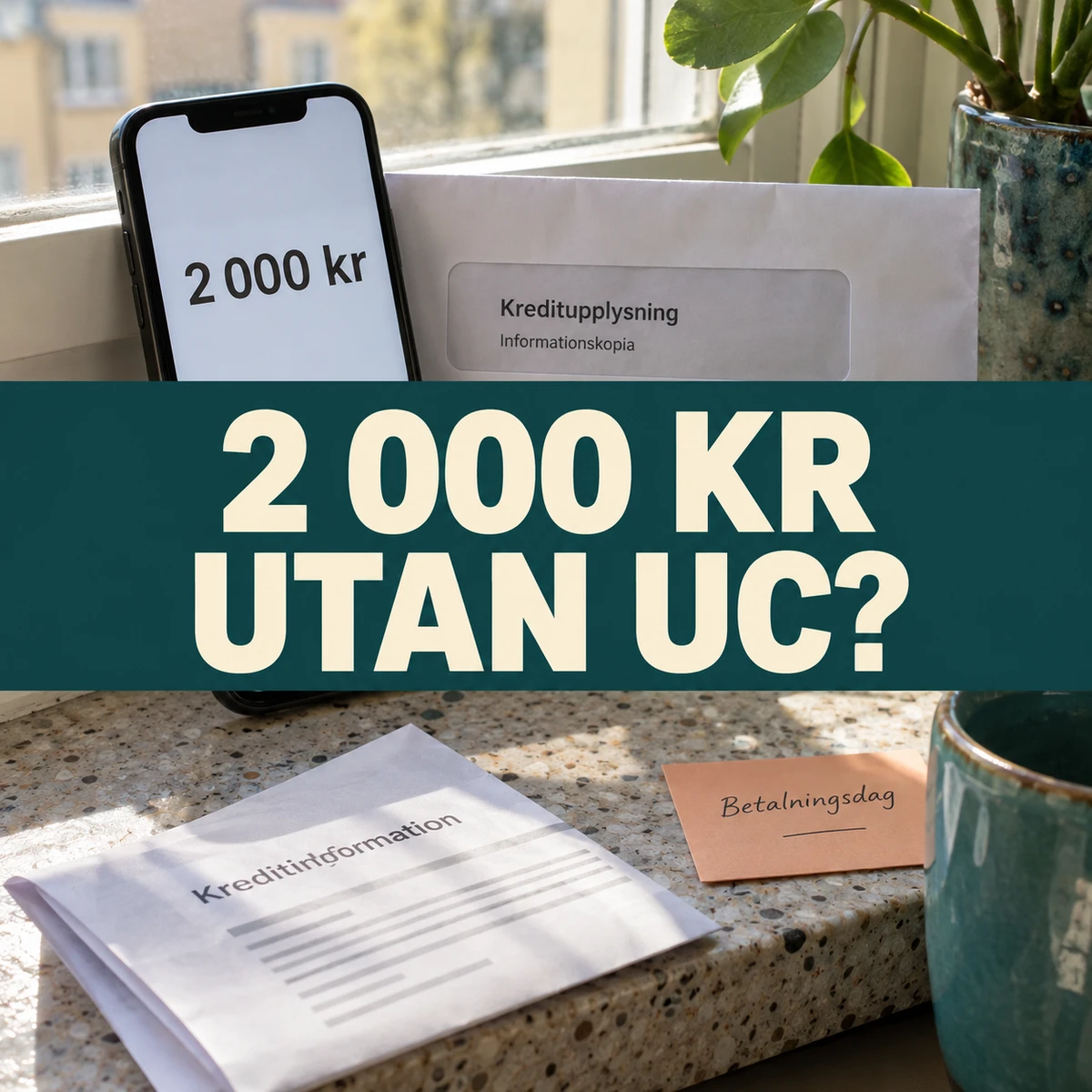 Mobil med beloppet 2 000 kronor bredvid ett kuvert för kreditupplysning och ett kort för betalningsdag på en solbelyst fönsterbräda, med texten 2 000 kr utan UC?