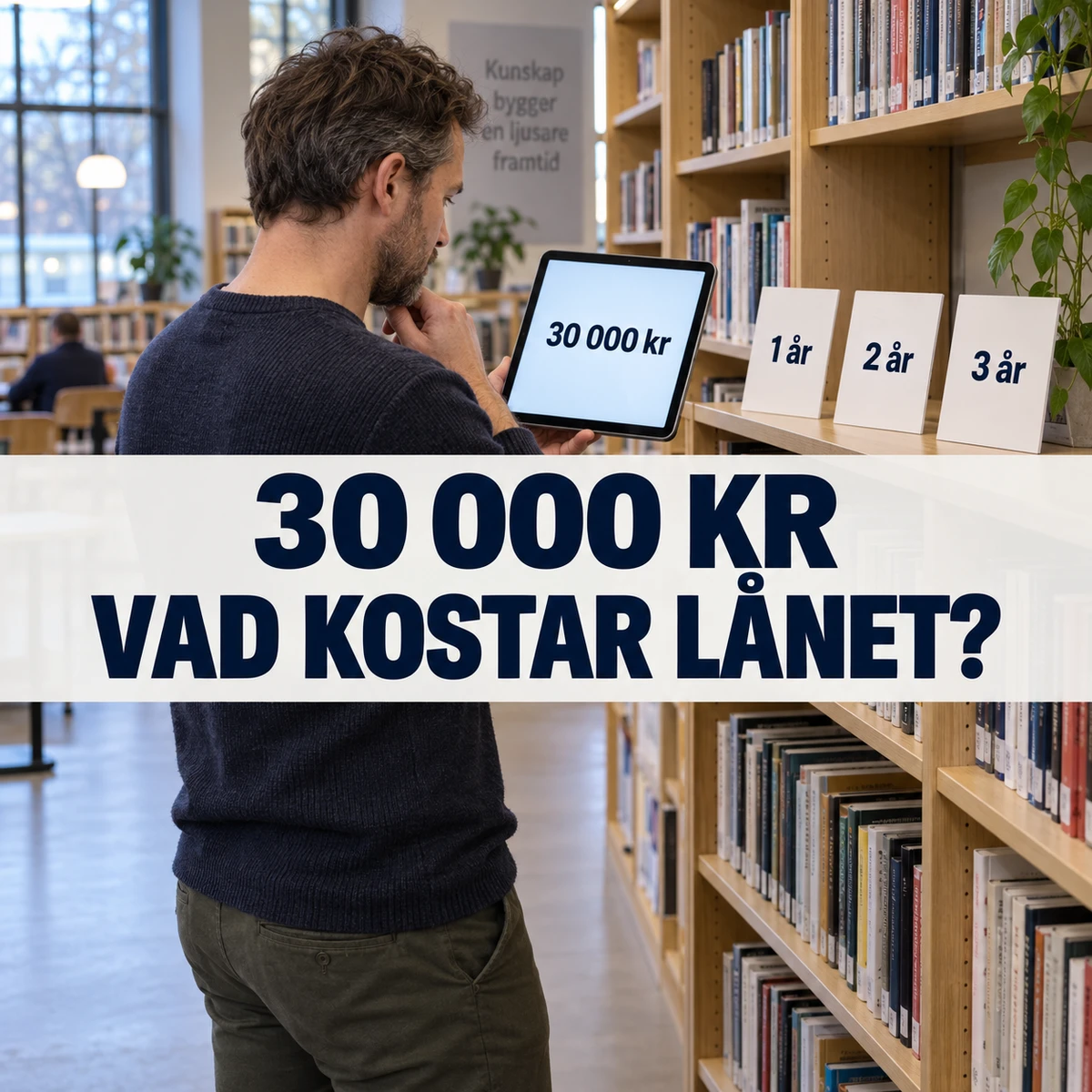 Man i ett svenskt bibliotek jämför 30 000 kronor på en surfplatta med kort märkta 1 år, 2 år och 3 år, med texten 30 000 kr – vad kostar lånet?